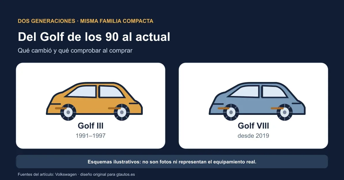 Esquemas ilustrativos del Golf III de 1991–1997 y el Golf VIII desde 2019