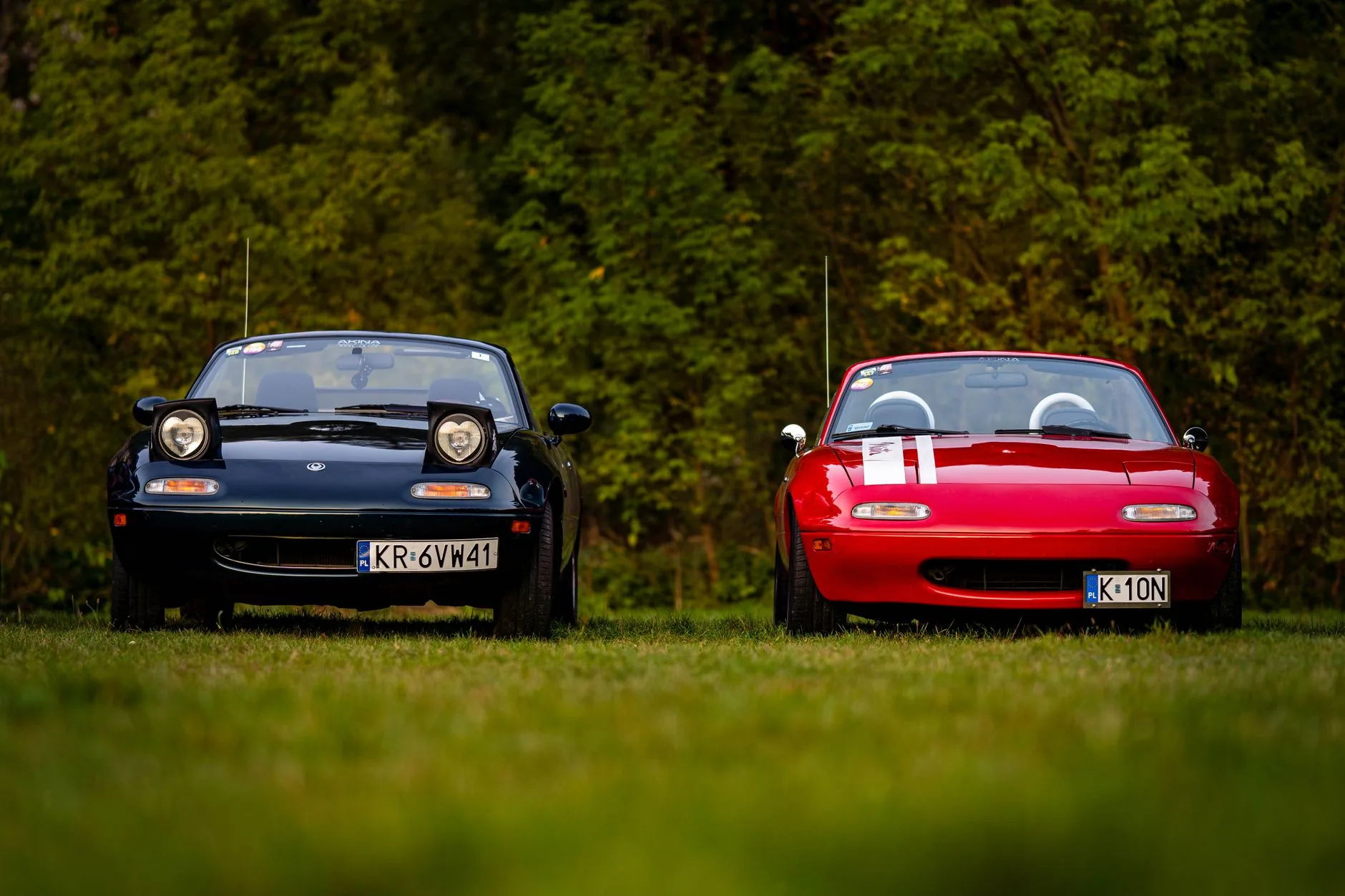 Dos Mazda MX-5 clásicos aparcados junto a un campo verde.